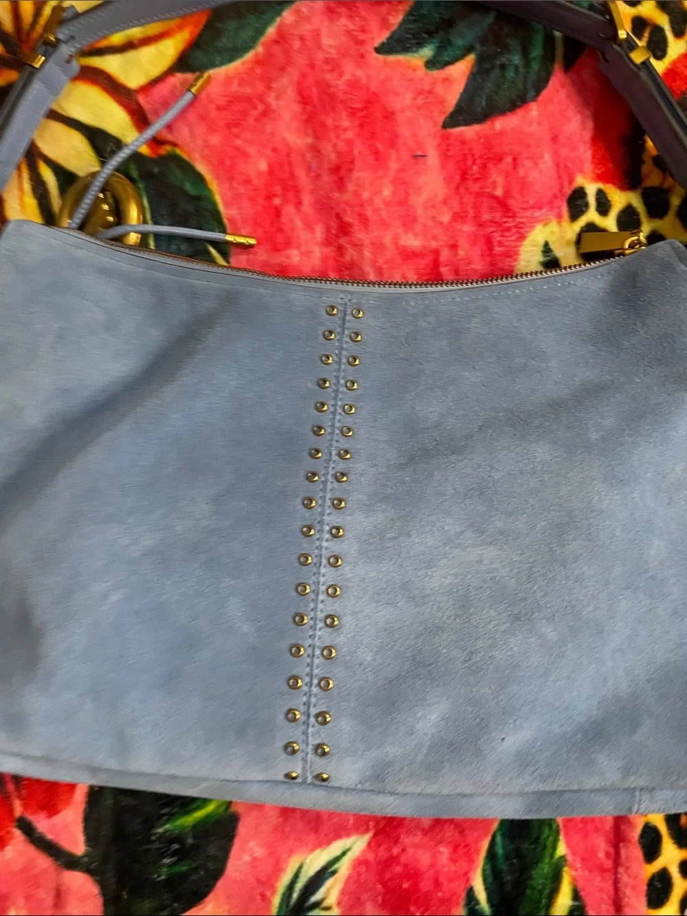 Michael Kors Sky Blue Suede Hobo with Gold MK Charm W 16 H 9.5